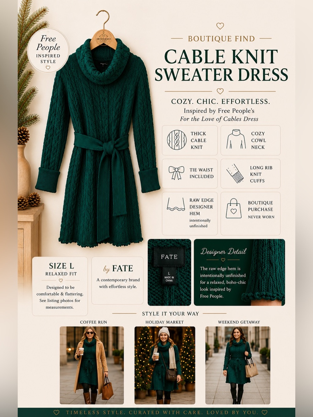 Fate Emerald Green Cable Knit Cowl Raw Hem Sweater Dress | Size L
